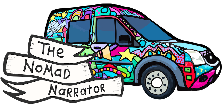 The Nomad Narrator logo with flags and van